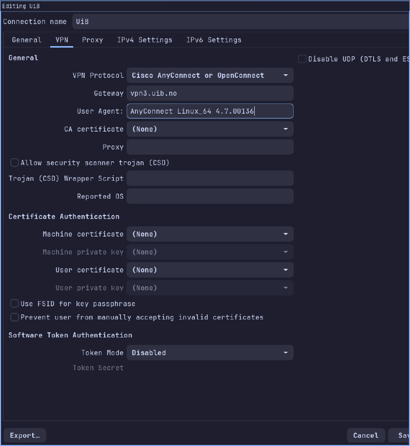 Screenshot of the VPN configuration