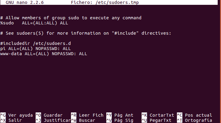 Captura de la terminal usando visudo con nano